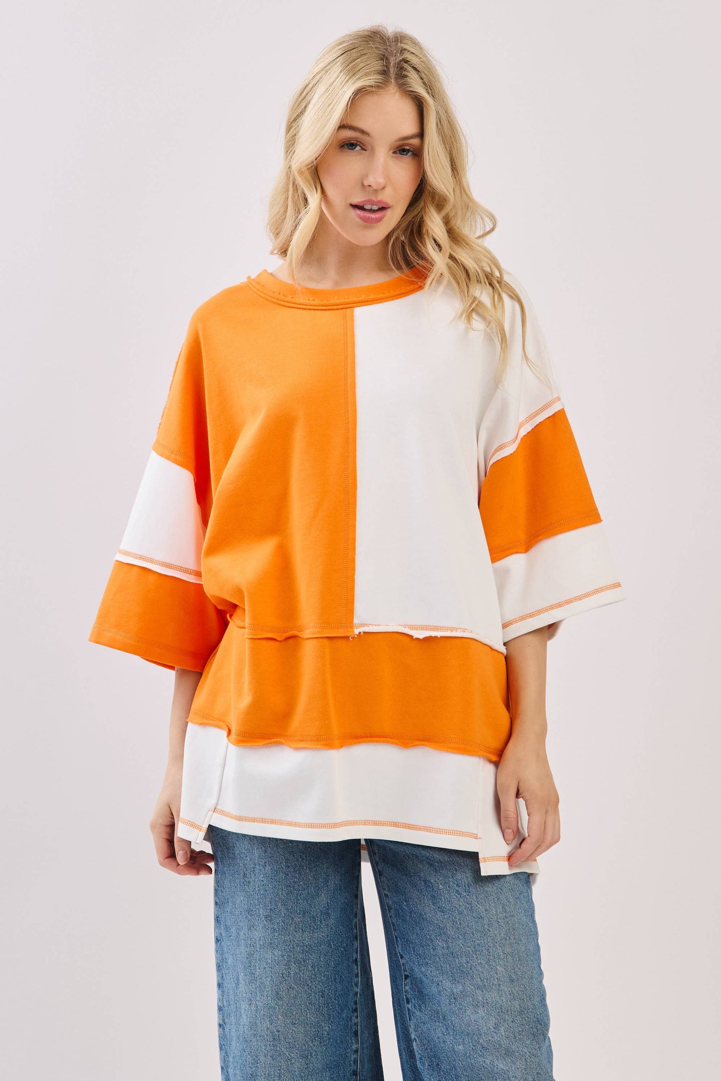 Oversized Color Block Top: ORANGE/WHITE