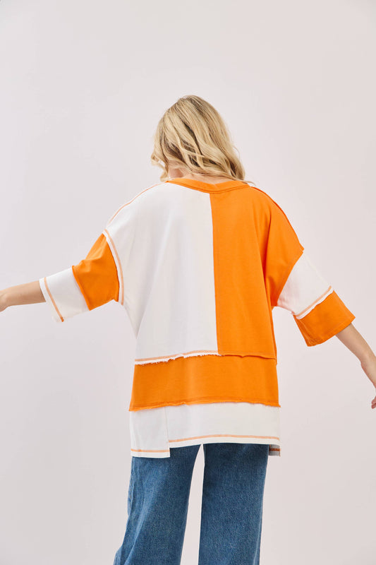 Oversized Color Block Top: ORANGE/WHITE